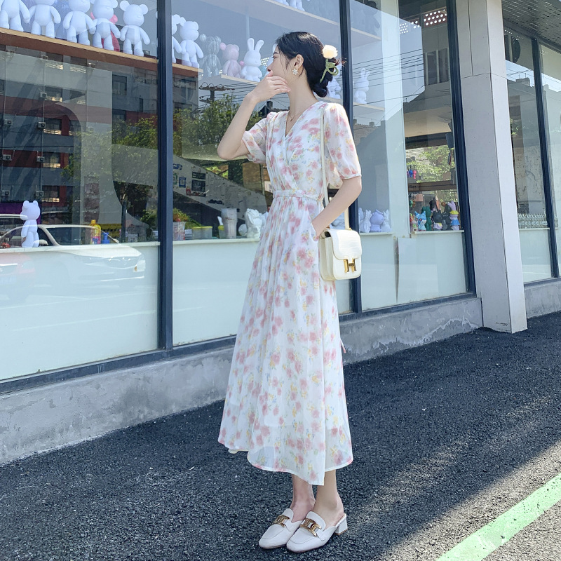 短袖碎花中長款韓版顯瘦法式新款收腰時尚連衣裙英倫風修身夏季