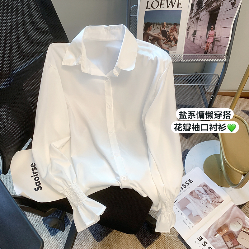 實拍2024新款春秋襯衣ins韓版學院風喇叭袖白色襯衫女長袖潮