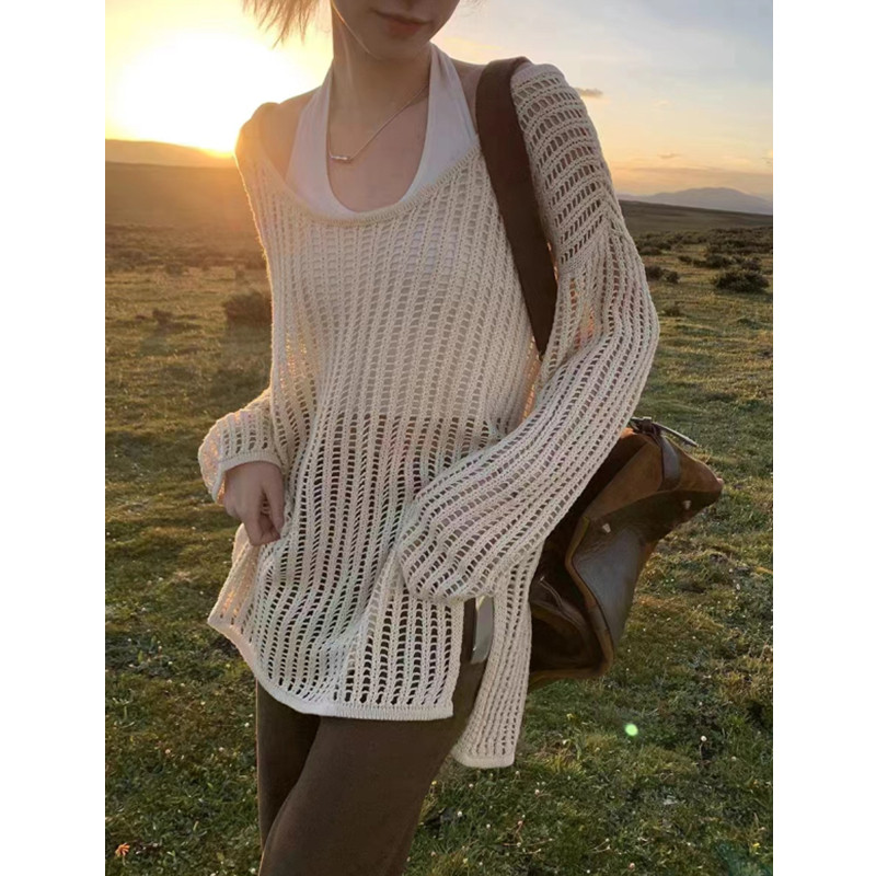 Overshirt women's summer thin long lazy air-conditioning shirt high-end top long-sleeved hollow sweater