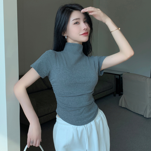 Real shot, right shoulder, stand collar, short-sleeved T-shirt for women, 2024 summer new hot girl pure desire, waist-cinching short solid color top