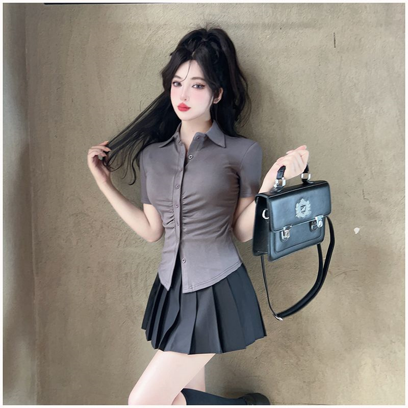 設計感收腰短袖襯衫女純欲辣妹褶皺修身顯瘦襯衣小眾別致學姐上衣