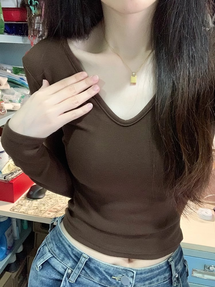 螺紋德絨~v領長袖t恤女新款別致小眾短款上衣修身內搭打底衫潮