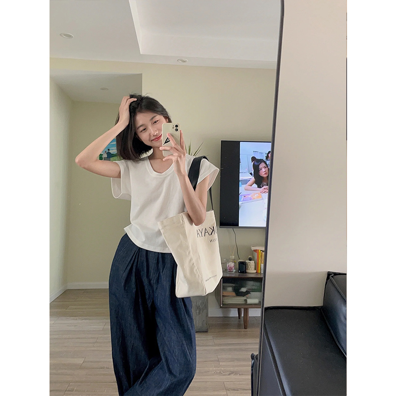 白色短款u領正肩短袖t恤女夏季小個子寬鬆顯瘦體恤半袖小飛袖上衣