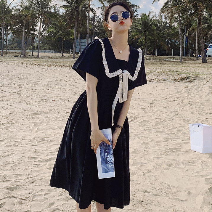 Belted doll collar dress for women 2024 summer new style waist slimming a-line skirt age-reducing fairy long skirt