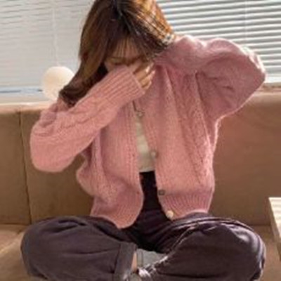 2024春裝韓國浣熊羊毛毛衣甜美麻花氣質針織開衫毛絨絨女上衣短款