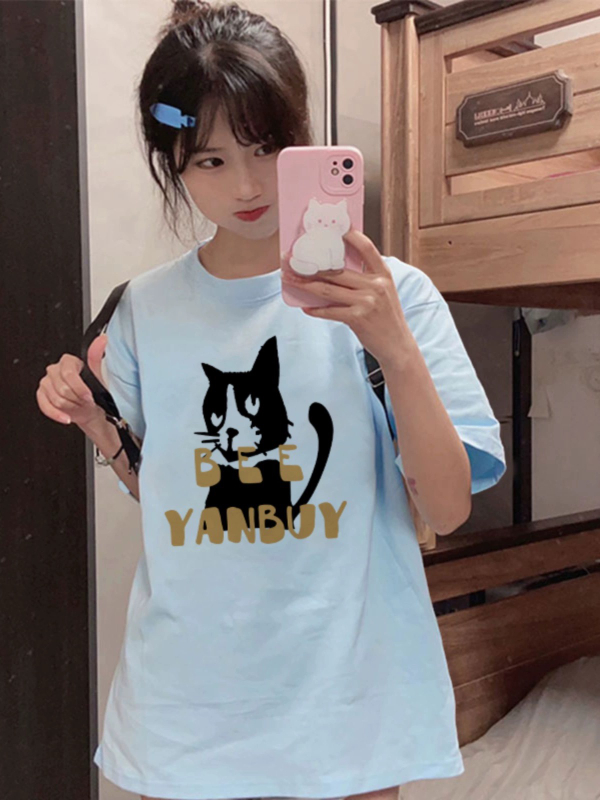 藍色短袖t恤女2024新款早春季小個子純棉甜美學院風顯瘦寬鬆上衣