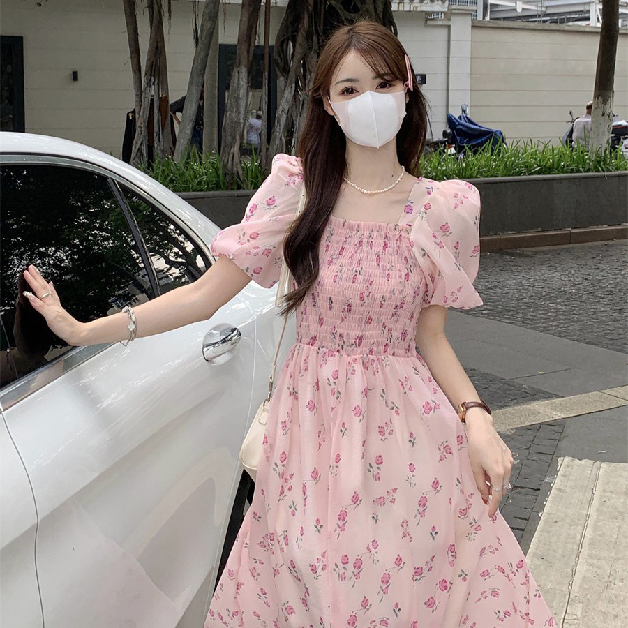 法式泡泡袖碎花連衣裙女2024夏季新款英倫風收腰顯瘦遮肉中長款裙