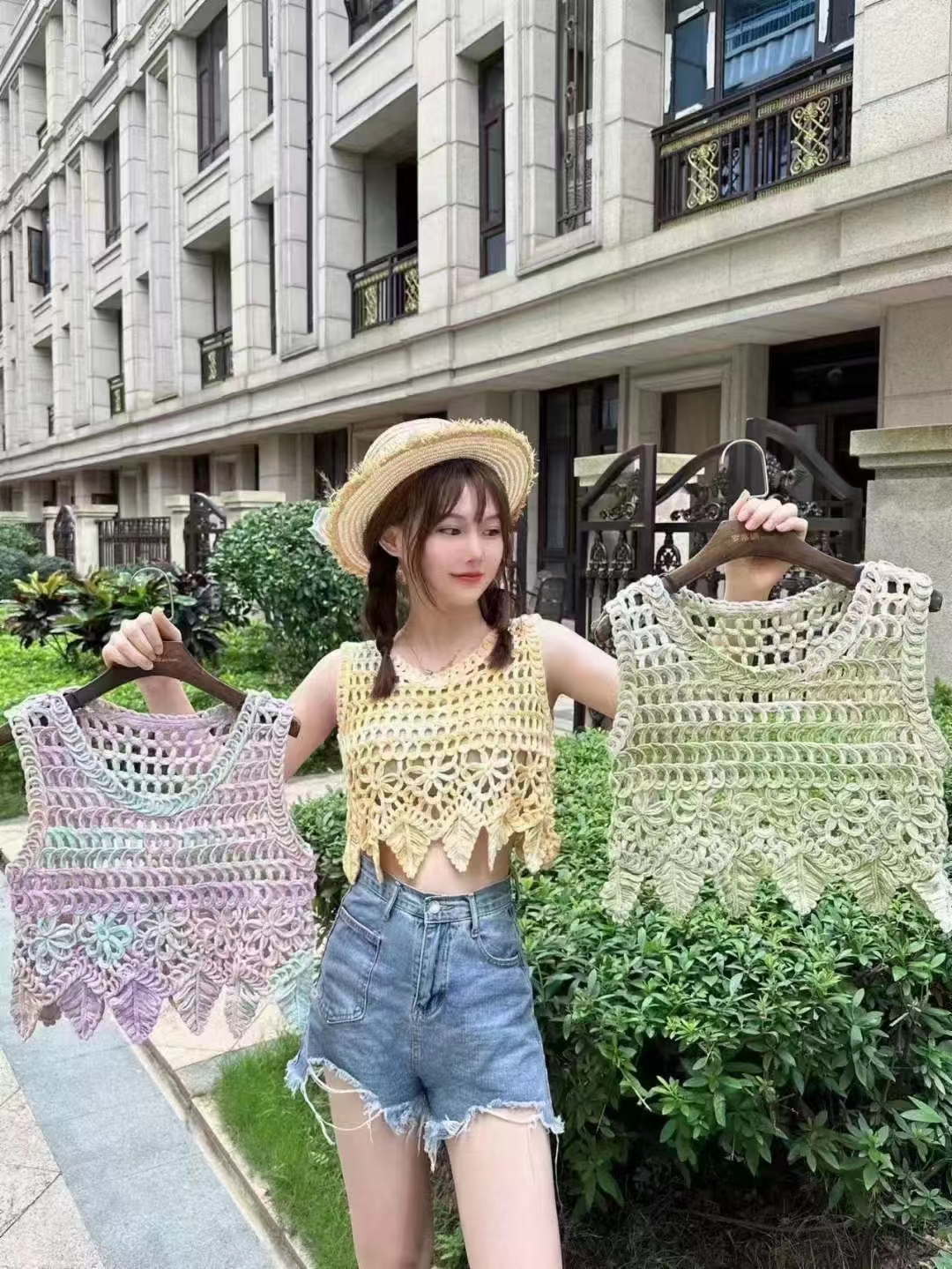 港味復古鏤空罩衫2024夏季新款針織小吊帶背心女短款無袖上衣百搭