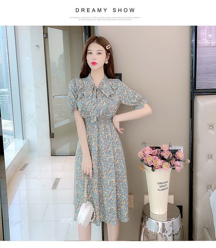 蝴蝶結系帶碎花連衣裙女時尚夏季新款溫柔風收腰荷葉邊短袖中長裙