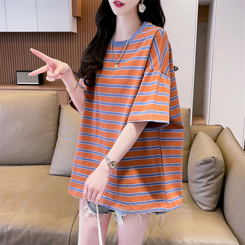 實拍6535朱地條紋新款大碼寬鬆百搭上衣女