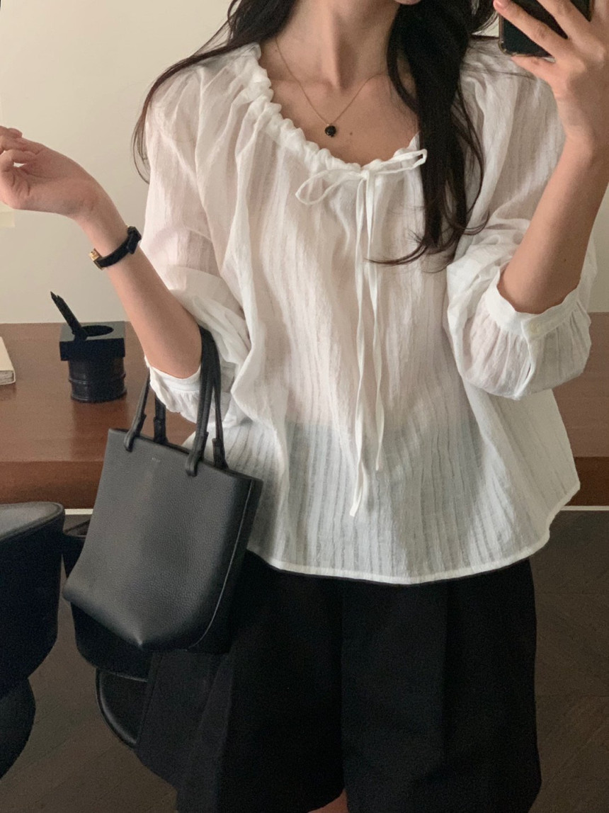 Korean chic spring soft textured drawstring long-sleeved shirt