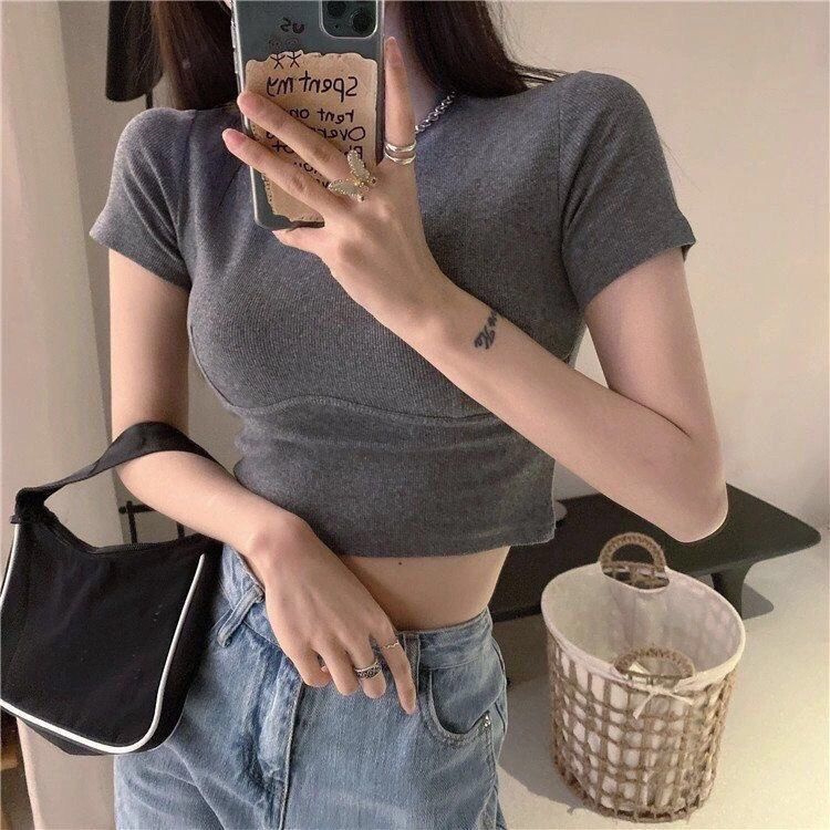 羅紋 顯瘦修身短款短袖t恤女露腰打底衫內搭上衣