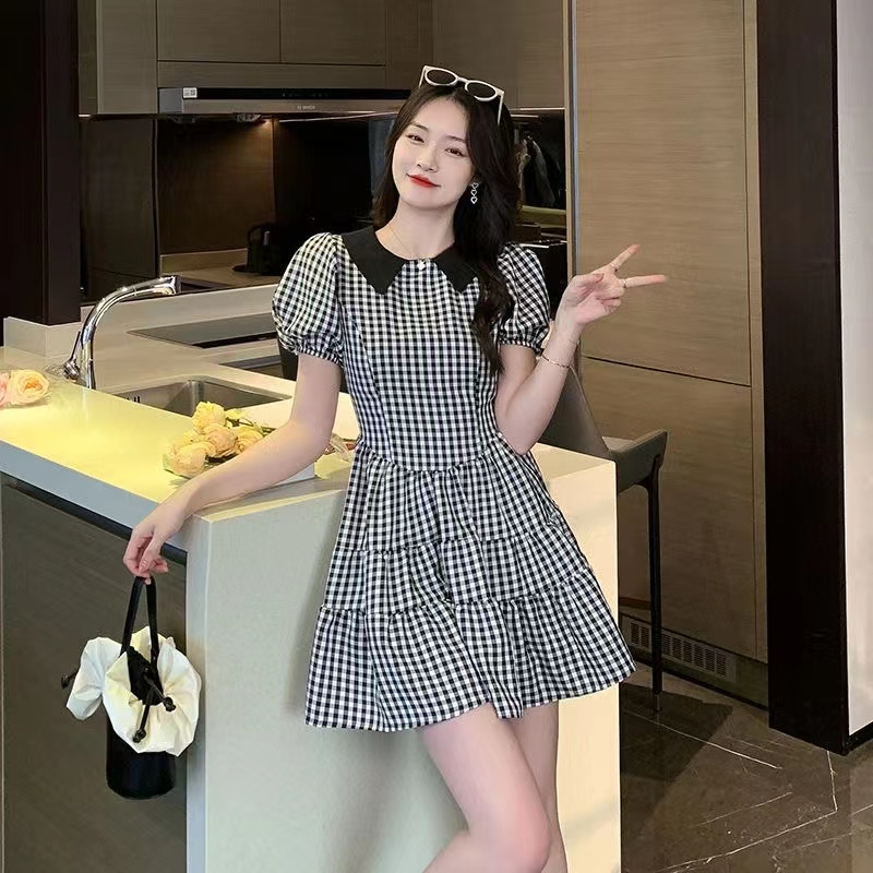 2024夏季新款在逃公主黑白格子甜美小清新蓬蓬連衣裙荷葉邊短裙女