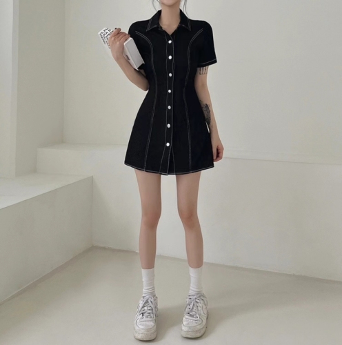 韩国chic翻领单排扣明线设计感收腰显瘦短袖牛仔连衣裙女