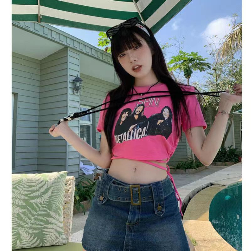 6535拉架棉 美式綁帶短袖T恤女純欲辣妹短款上衣