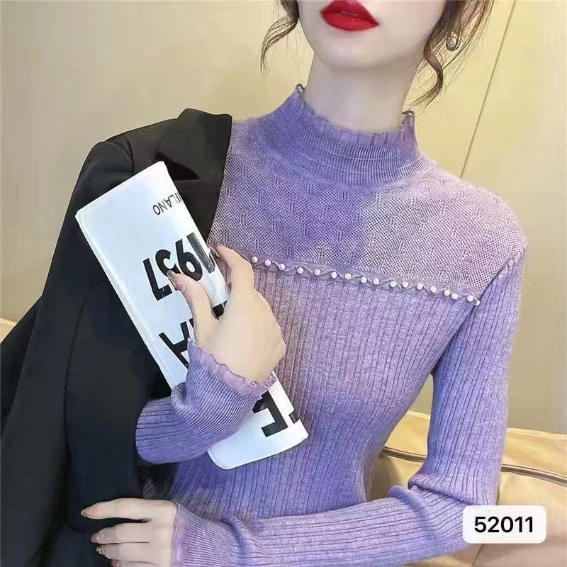 新款洋氣減齡半高領歐根紗釘珠長袖上衣女