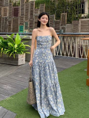 Blue floral spaghetti strap dress women's summer French tea party maxi dress backless beach vacation style A-line skirt