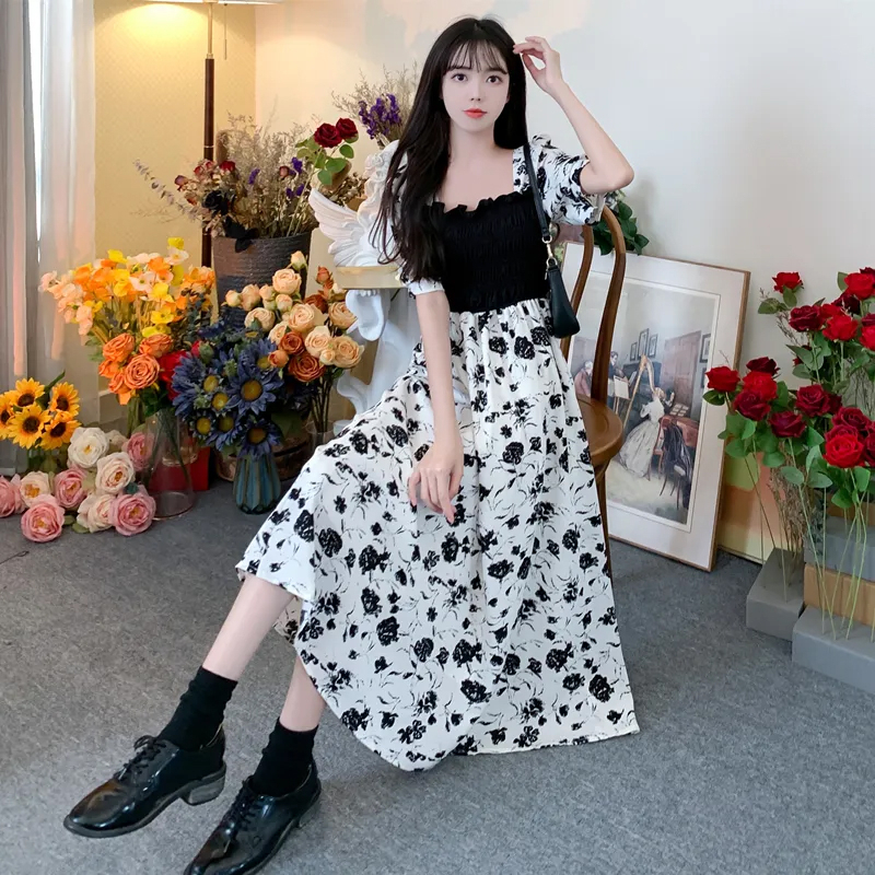 大碼女裝胖mm連衣裙子2024夏季新款法式木耳邊方領玫瑰印花中長款
