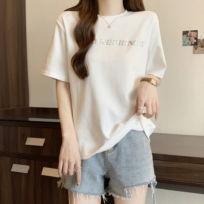 實拍  21支純棉高緊密 2024夏裝立體電鍍字母短袖T恤女