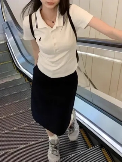 春夏韓版修身氣質polo領刺繡設計感純棉短袖T恤女上衣