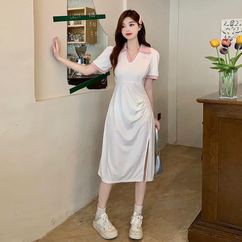 實拍大碼褶皺連衣裙女顯瘦夏季新款遮肚子微胖mm學院風V領長裙