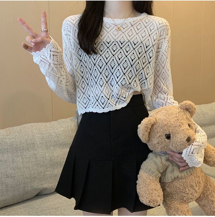 甜美鏤空外搭小衫薄款針織防曬衫寬鬆短款套頭罩衫冰絲衫女夏上衣