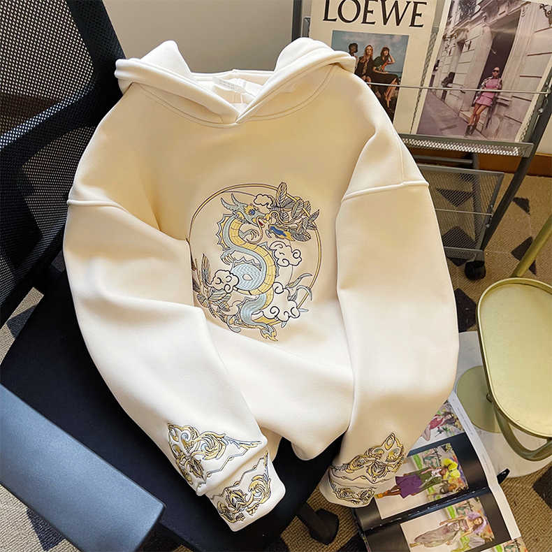 杏色刺繡連帽衛衣女春季龍年設計感小眾寬鬆oversize超好看上衣潮
