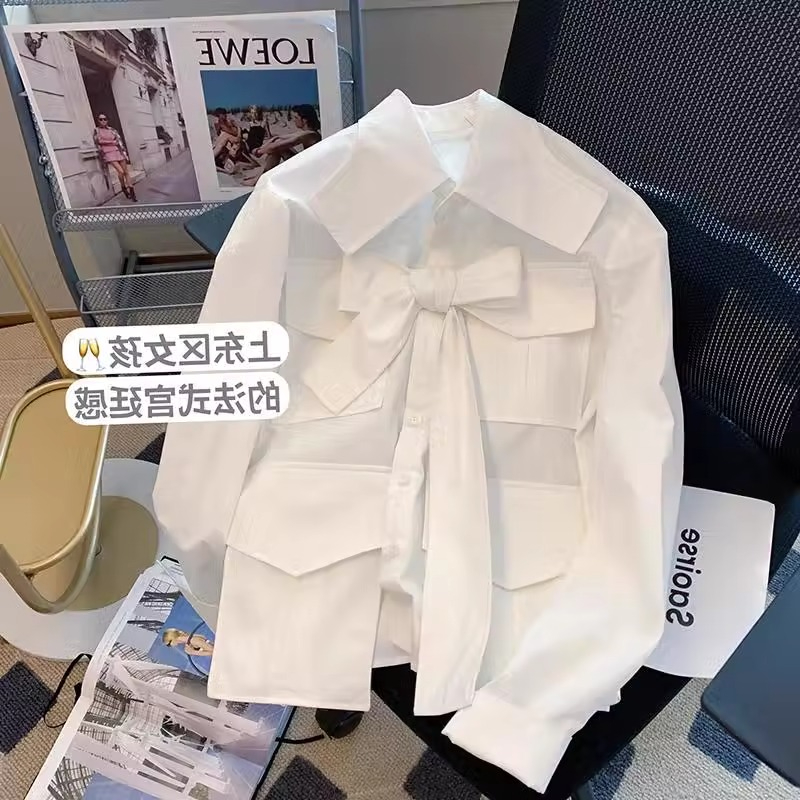設計感小眾蝴蝶結長袖襯衫女早春新款法式高級感白色內搭襯衣