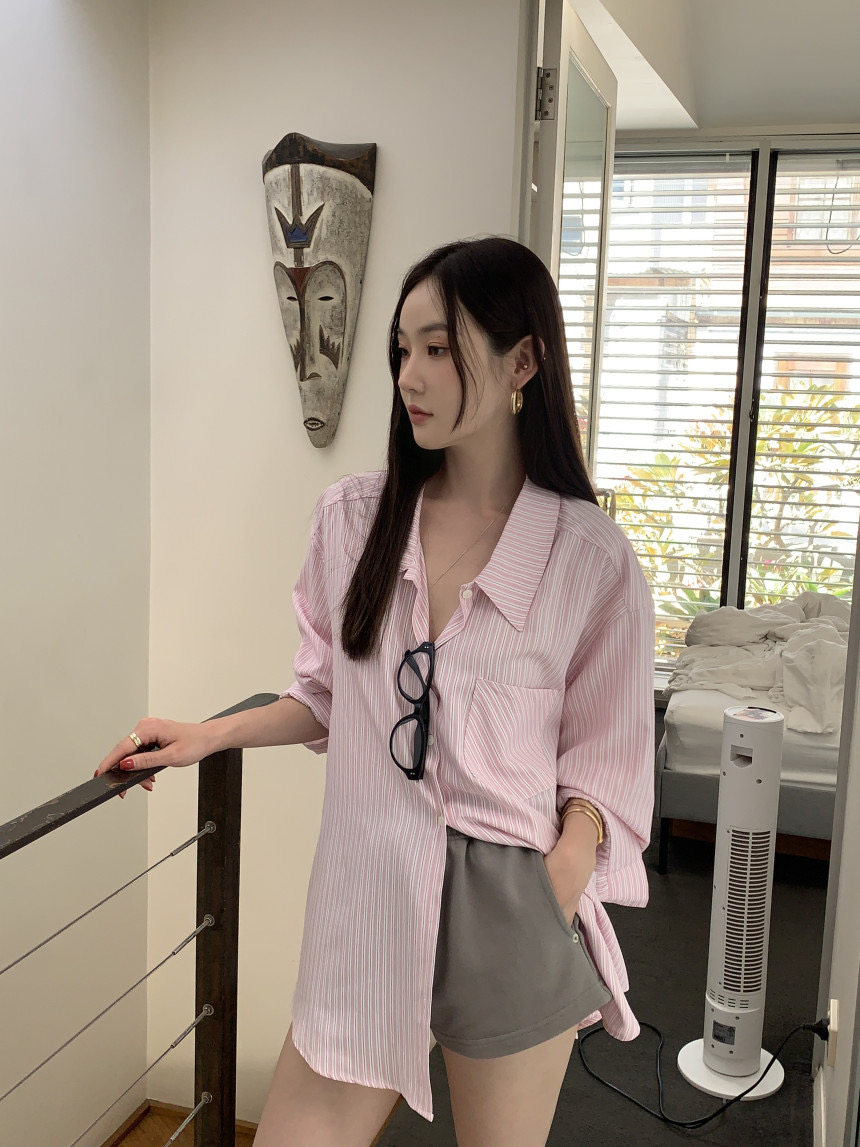 韓國chic春季新款簡約條紋polo領長袖襯衫女寬鬆休閒襯衣