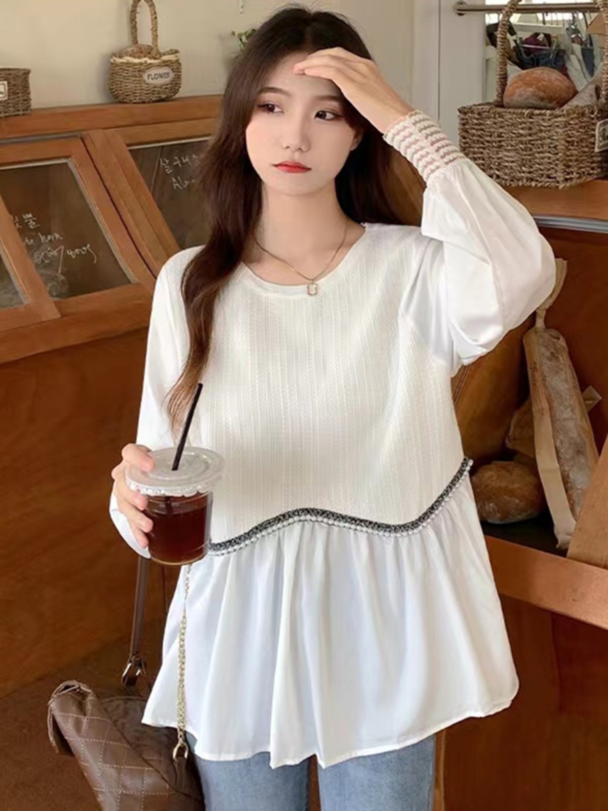 假兩件拼接長袖針織女2024春季設計感小眾洋氣寬鬆別致上衣娃娃衫