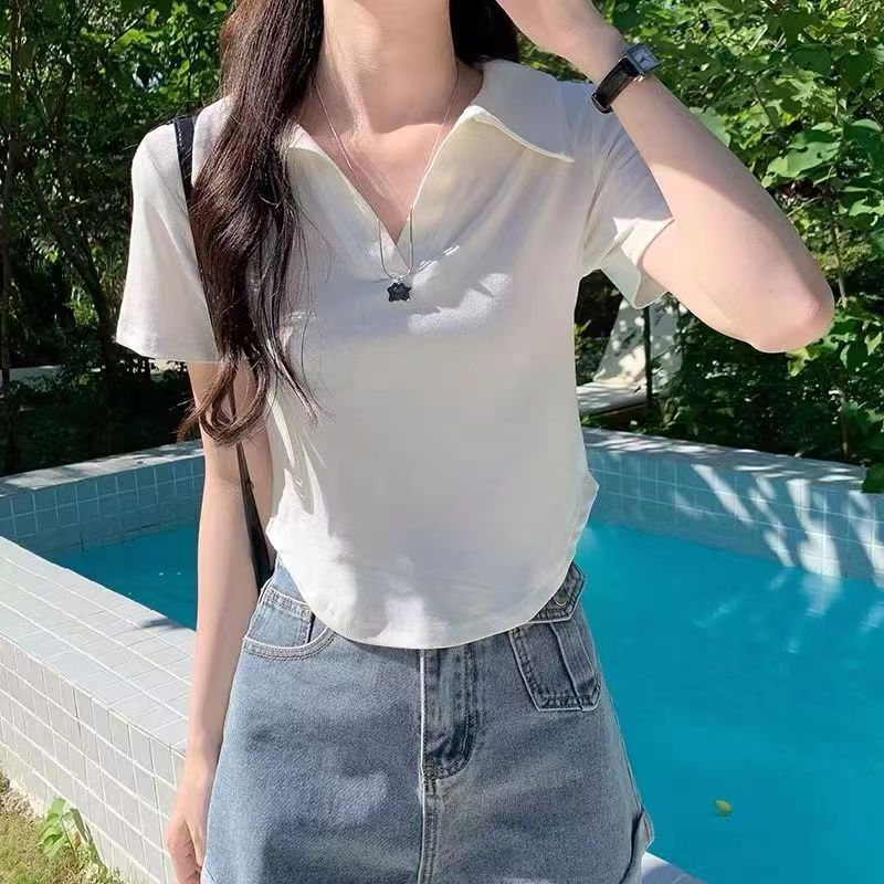 純棉 設計感小眾2024年夏季新款短袖T恤女POLO領純色短款修身上衣