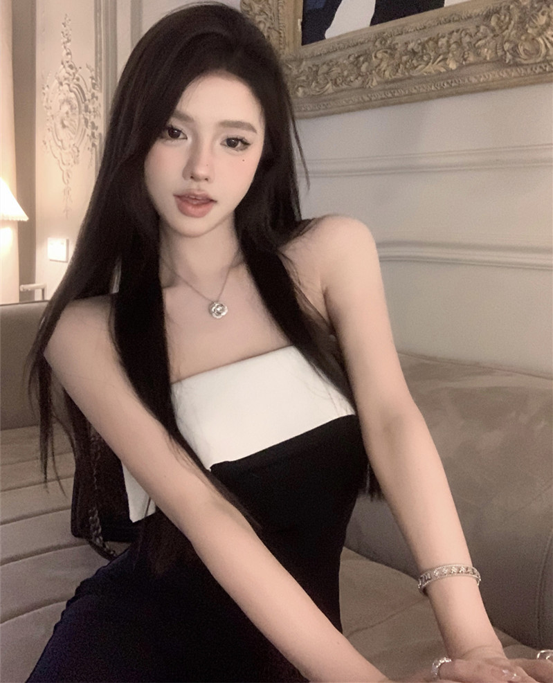 實拍 簡約百搭顯瘦翻邊針織一字肩性感吊帶抹胸上衣女