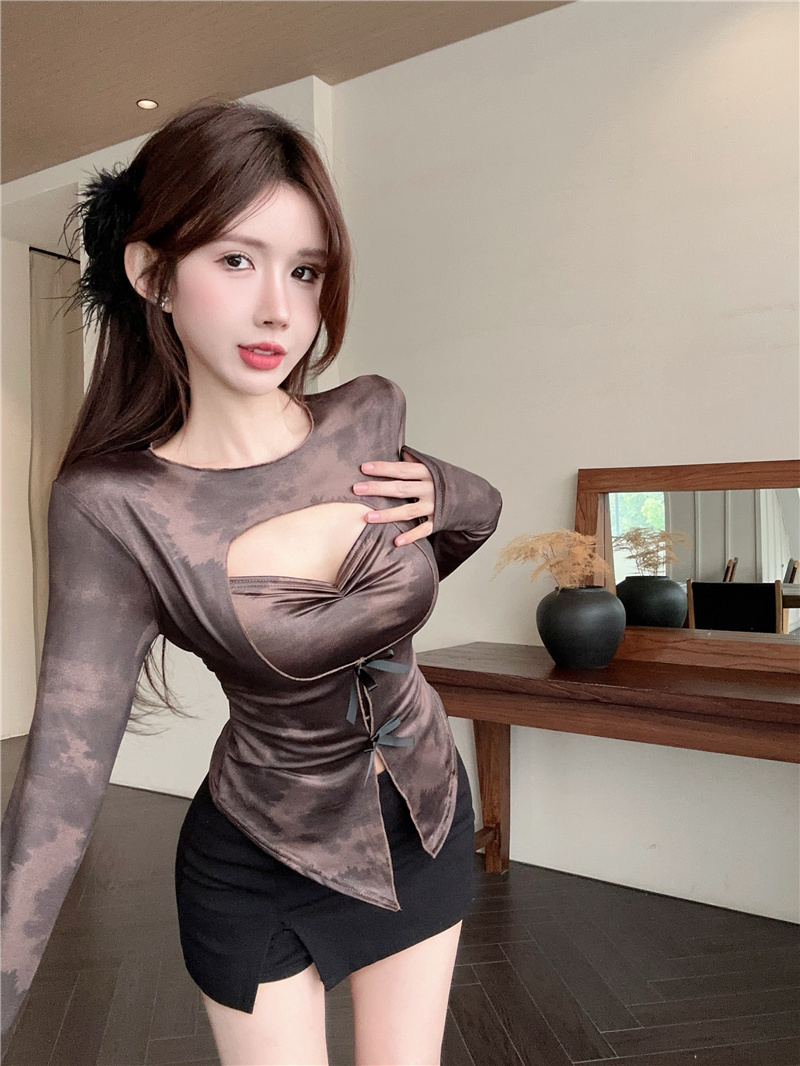 實拍~2024春季新款美式復古扎染鏤空蝴蝶結長袖打底衫上衣女