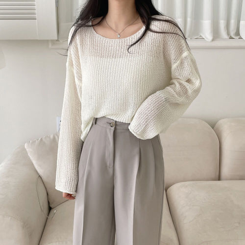 韩版chic宽松圆领短款纯色镂空防晒长袖冰丝上衣针织衫毛衣