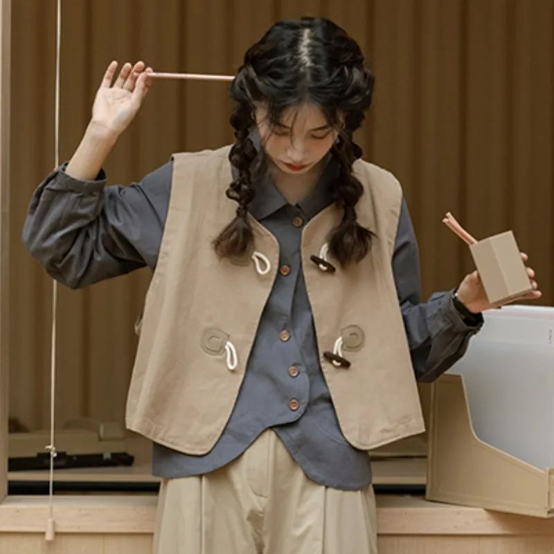 復古開衫牛角扣工裝馬甲學院風女春秋新款馬甲女上衣外套寬鬆百搭