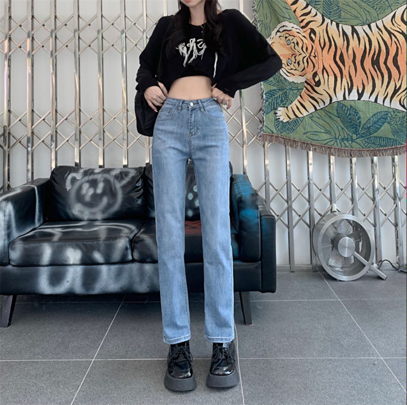 實拍高腰直筒牛仔褲女款新款2024修身顯瘦百搭九分煙管褲