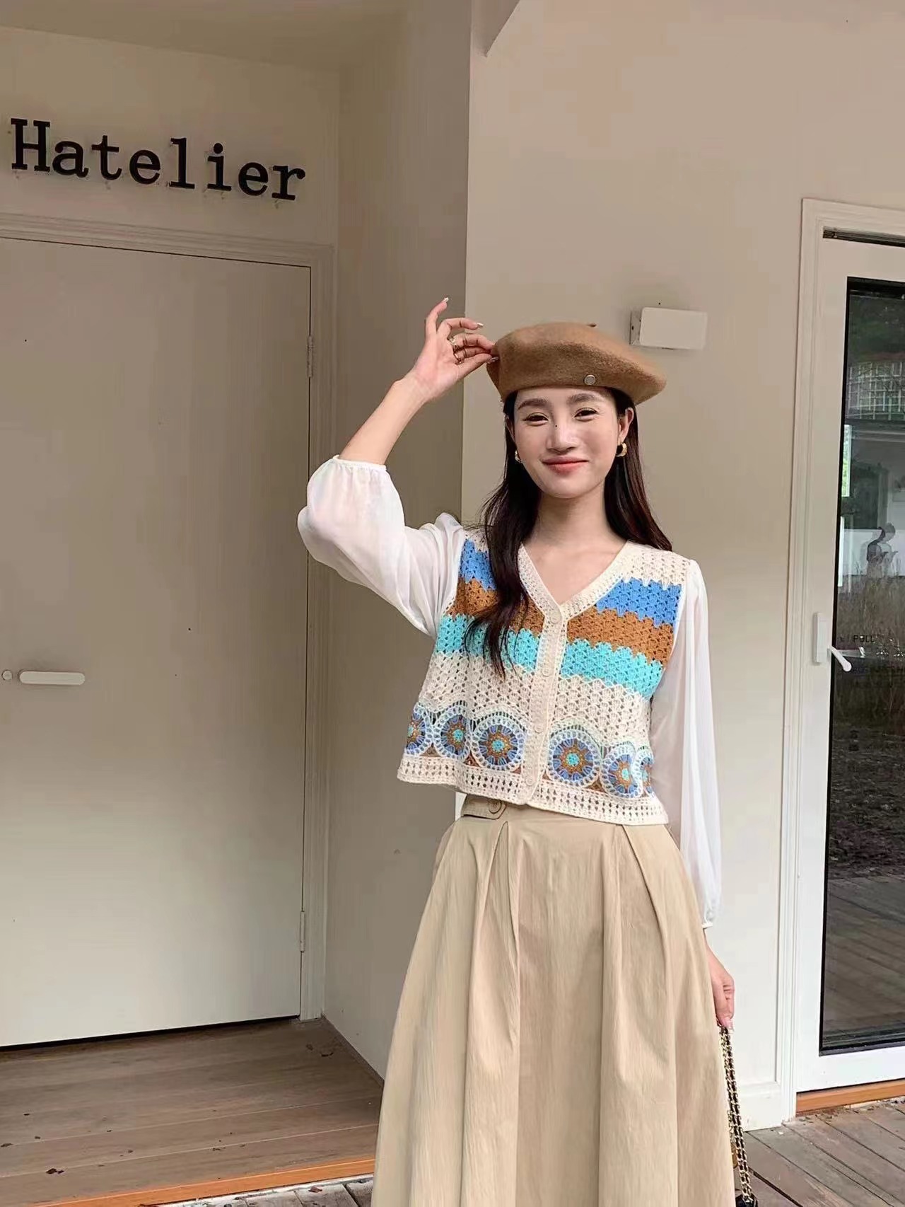 v領彩色條紋上衣拼接泡泡袖薄款針織拼色開衫女小清新