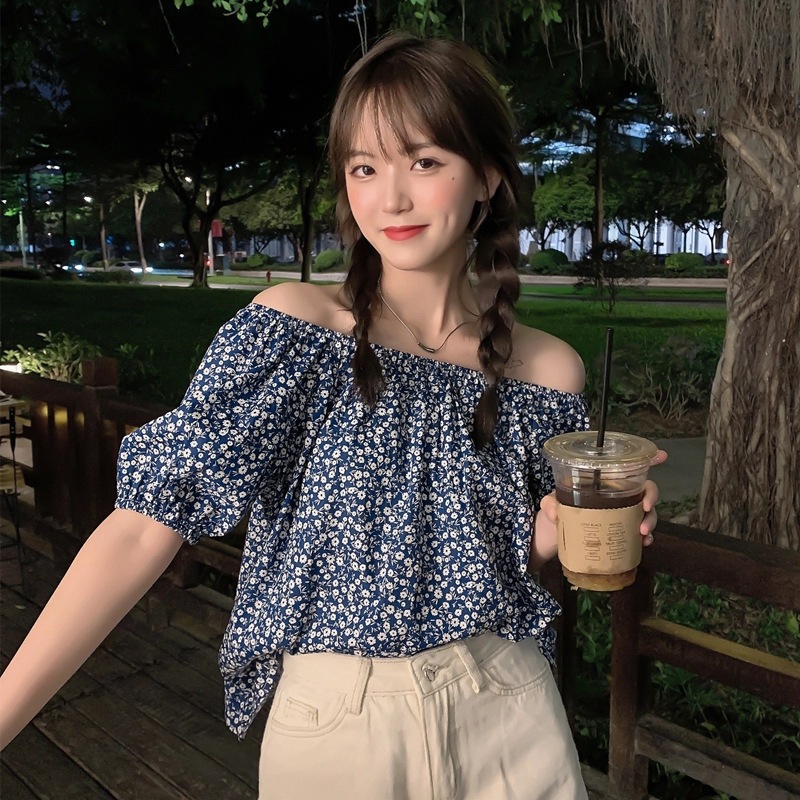 一字肩雪紡泡泡袖上衣女設計感襯衣夏季2024新款短袖碎花襯衫