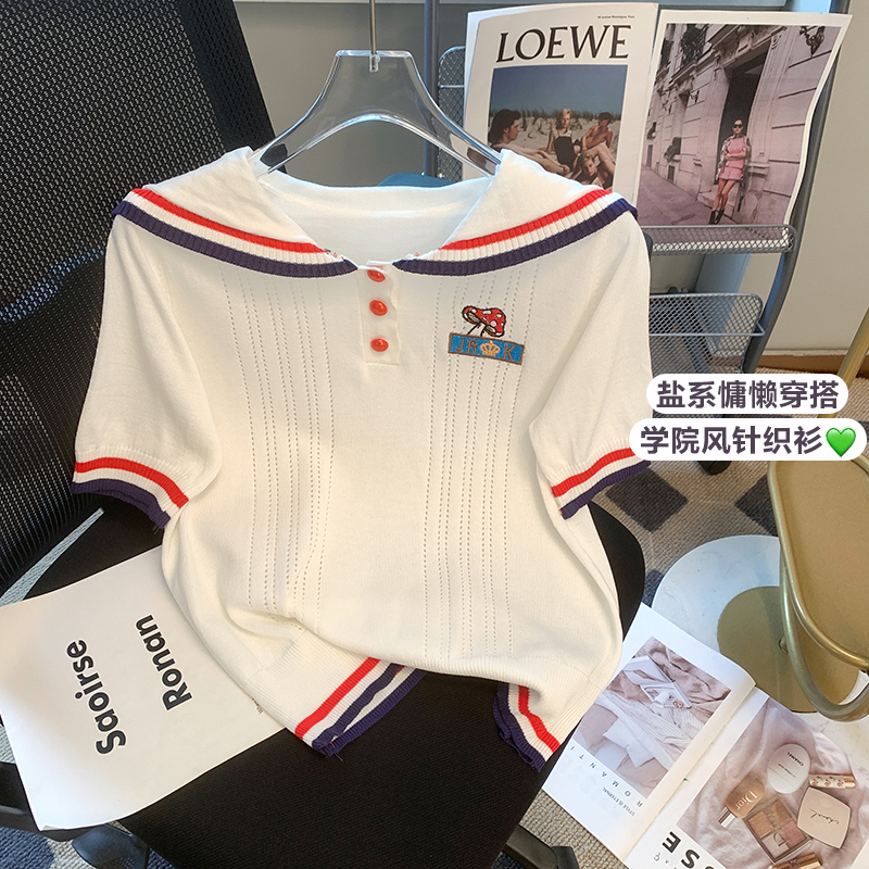 實拍學院風海軍領短袖針織衫女小眾設計感獨特别致上衣藝術感
