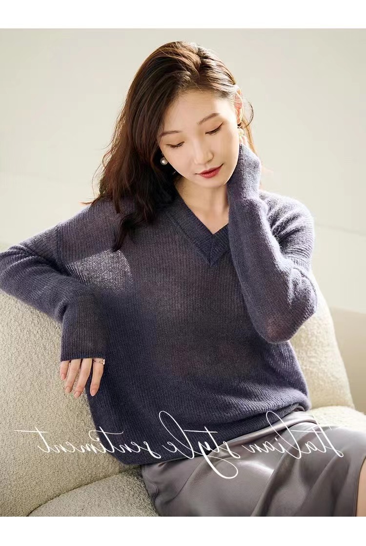 時尚慵懶風V領長袖針織衫毛衣女2024春秋軟糯別致舒適寬鬆上衣潮