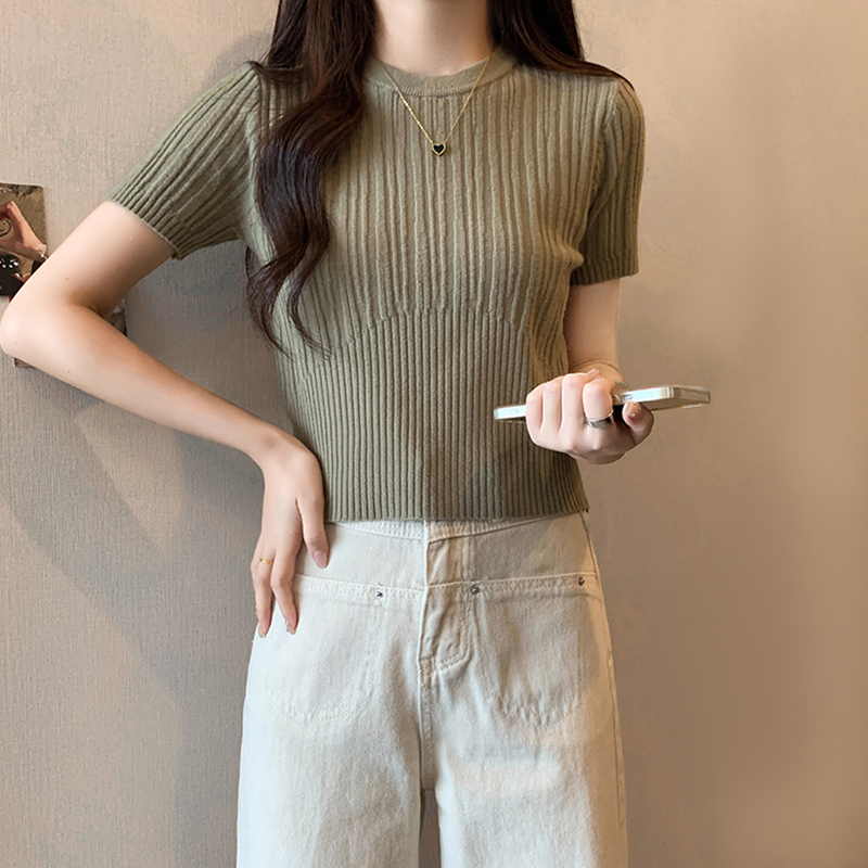 白色正肩短袖針織衫t恤女春夏新款圓領收腰修身辣妹短款內搭上衣