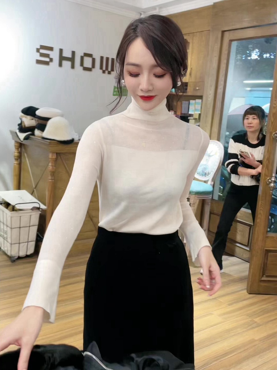半高領針織打底衫女春秋2024年新款洋氣內搭修身顯瘦長袖網紗上衣