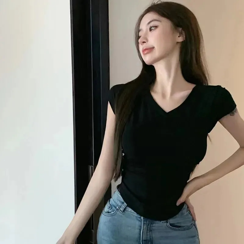 人棉260克不規則V領短袖T恤女
