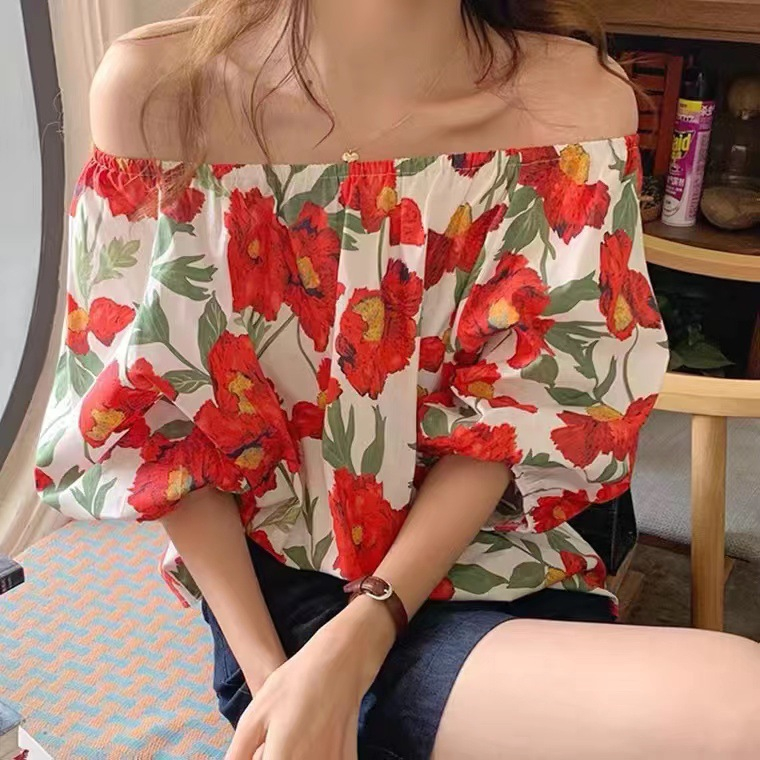 歐美韓國ins夏季新款泡泡袖露肩花色短袖碎花一字領上衣女襯衫印