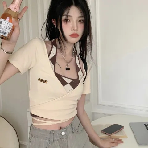 螺紋+短款菱格修身掛脖吊帶背心兩件套裝短袖T恤