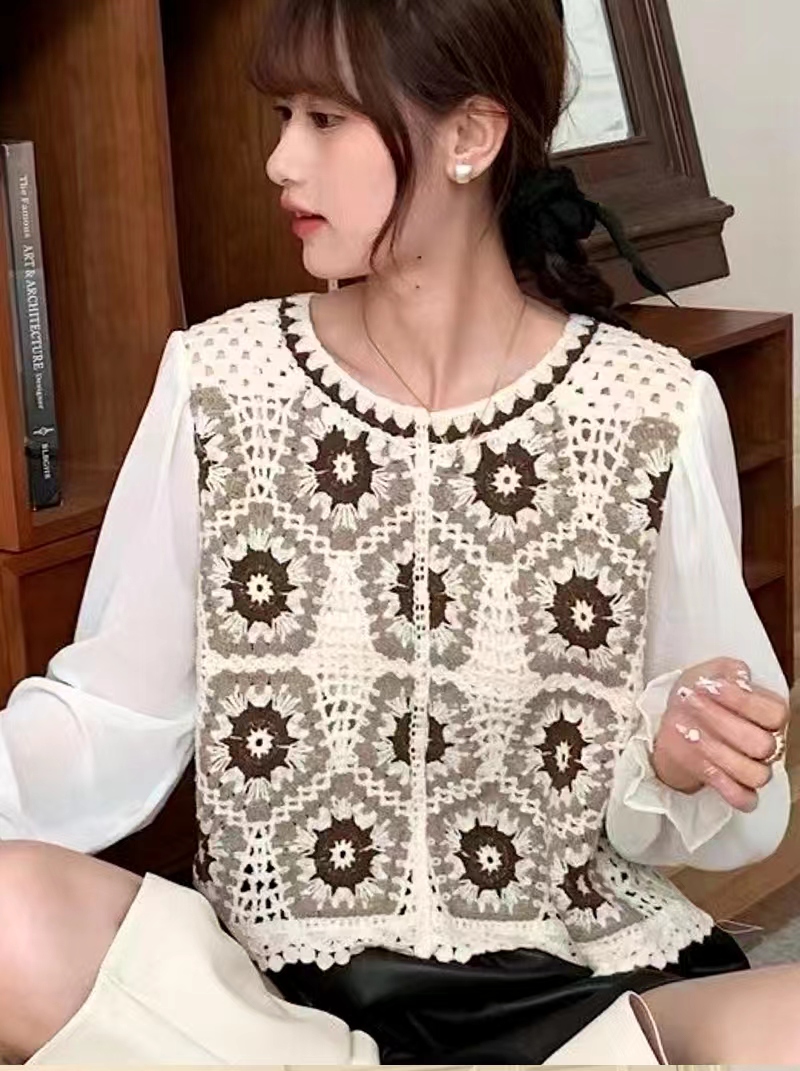 鈎花刺繡拼接雪紡女士襯衫春季裝設計感小眾長袖襯衣植物花卉