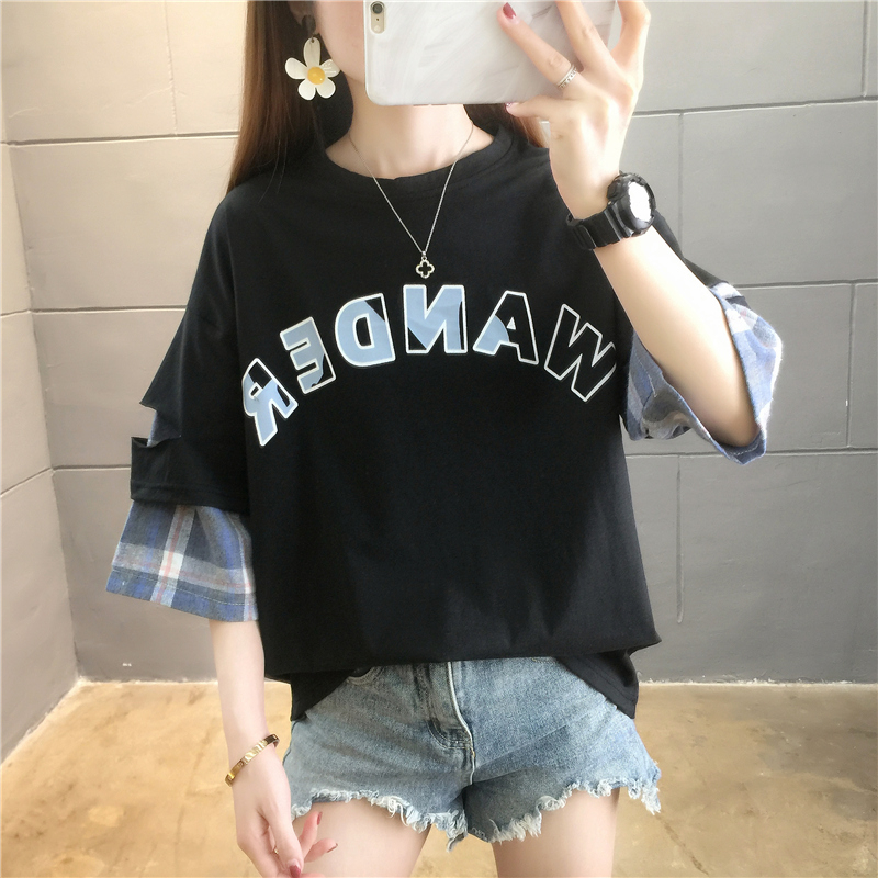 首發實拍6535棉包領好質量閨蜜裝排球服假兩件短袖T恤女