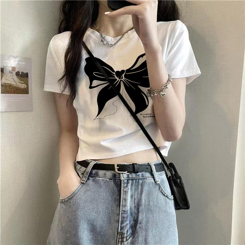 夏季新款純棉白色修身蝴蝶結短袖T恤女歐貨潮牌短款上衣ins潮