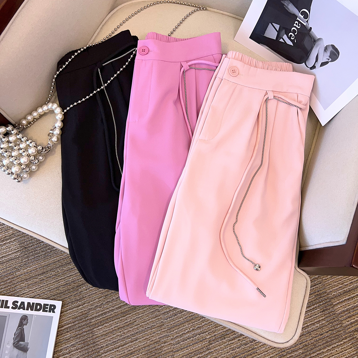 Actual shot of 2024 new summer clothes for fat mm, fashionable and versatile, slimming, long legs, smooth elastic waist casual trousers