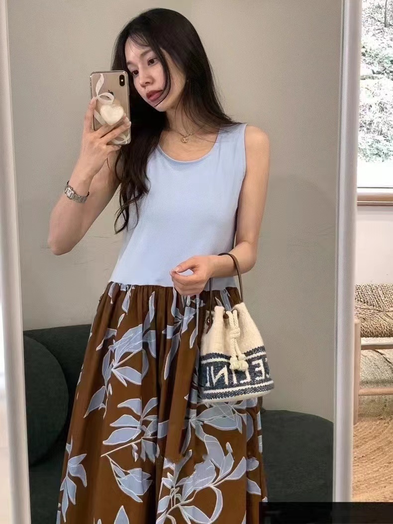 韓系chic夏季氣質圓領拼接花朵印花收腰顯瘦無袖背心連衣裙女